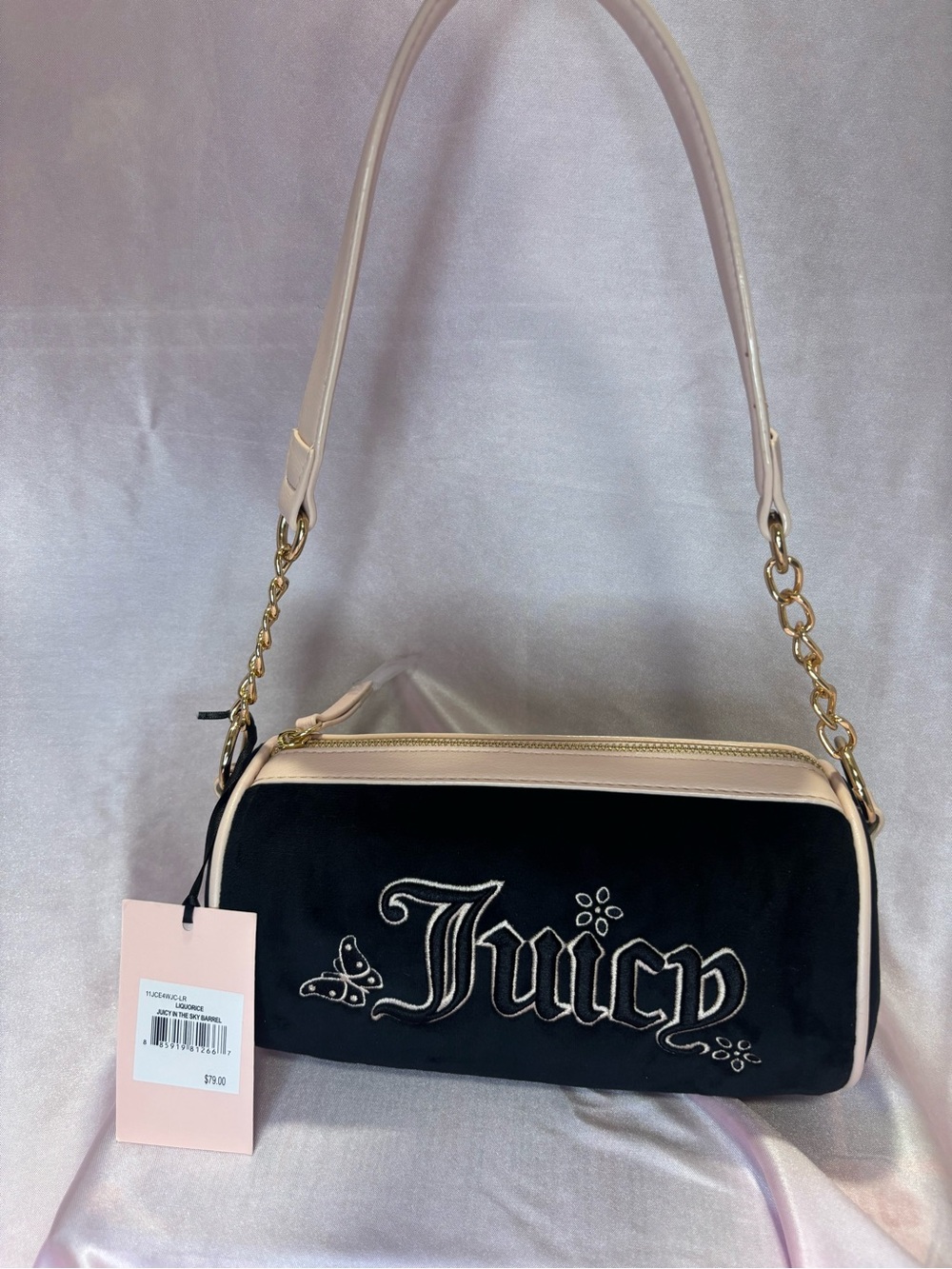 Juicy Couture Black Velvet Shoulder Bag with Cream Trim and Gold Chain